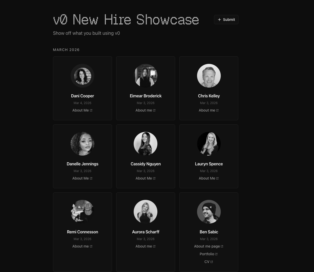 v0 New Hire Showcase web app