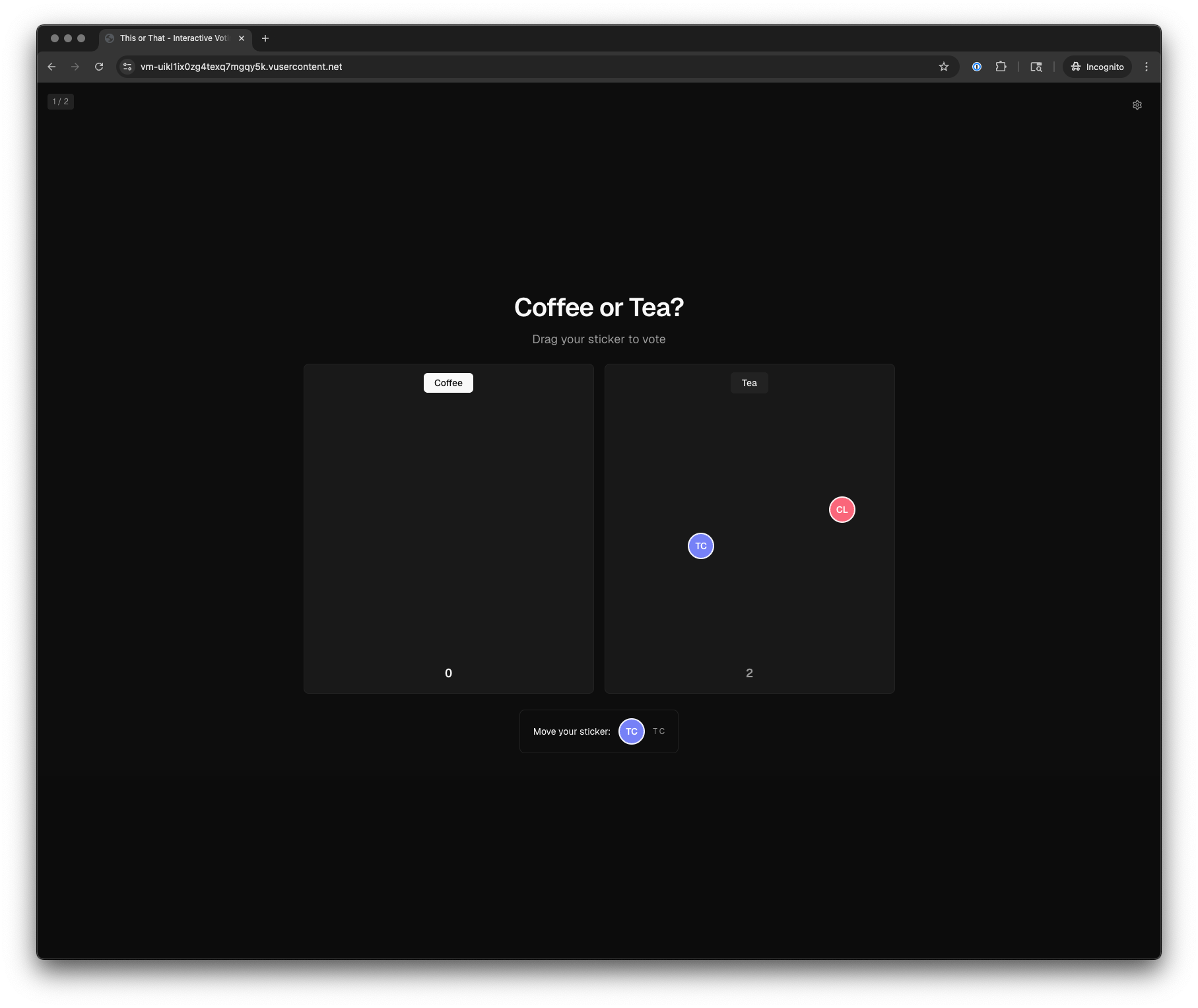 This or That onboarding game built with v0