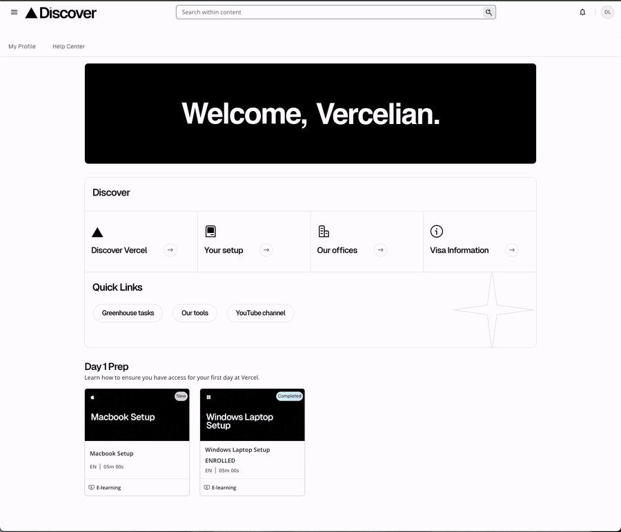 The Discover portal homepage, with a welcome banner that cycles through “Vercelian”, “builder” and “shipper”